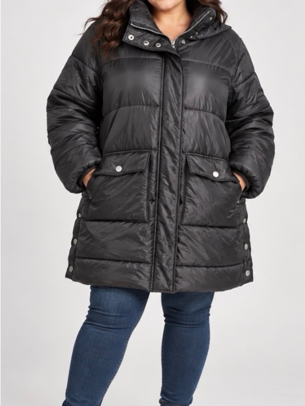 BCBG Glossy Black Quilted Puffer Coat with Hood